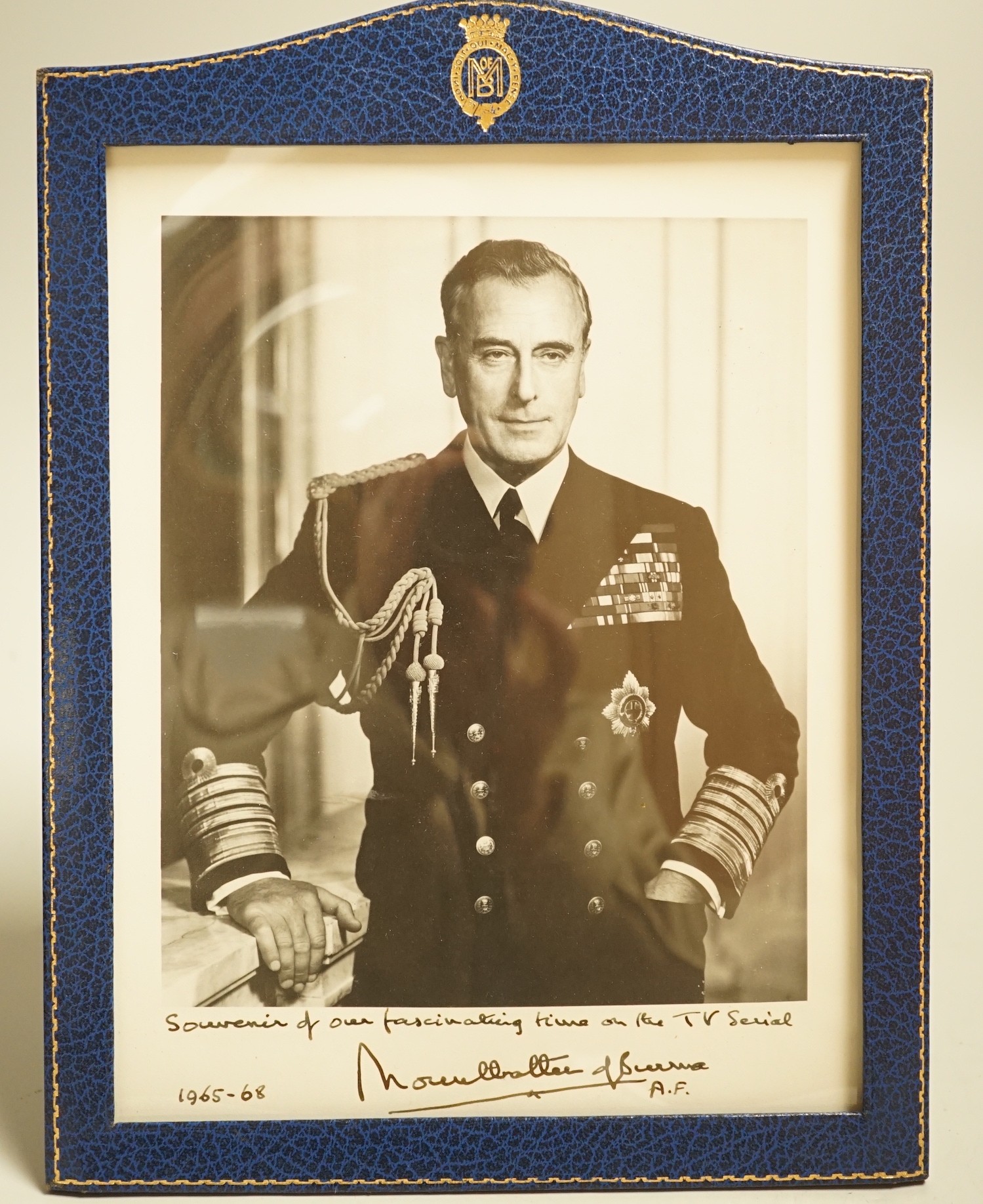 Lord Mountbatten of Burma, a signed photograph dated 1968 with dedication in gilt tooled Jarrolds easel frame together with related ephemera and two photographs